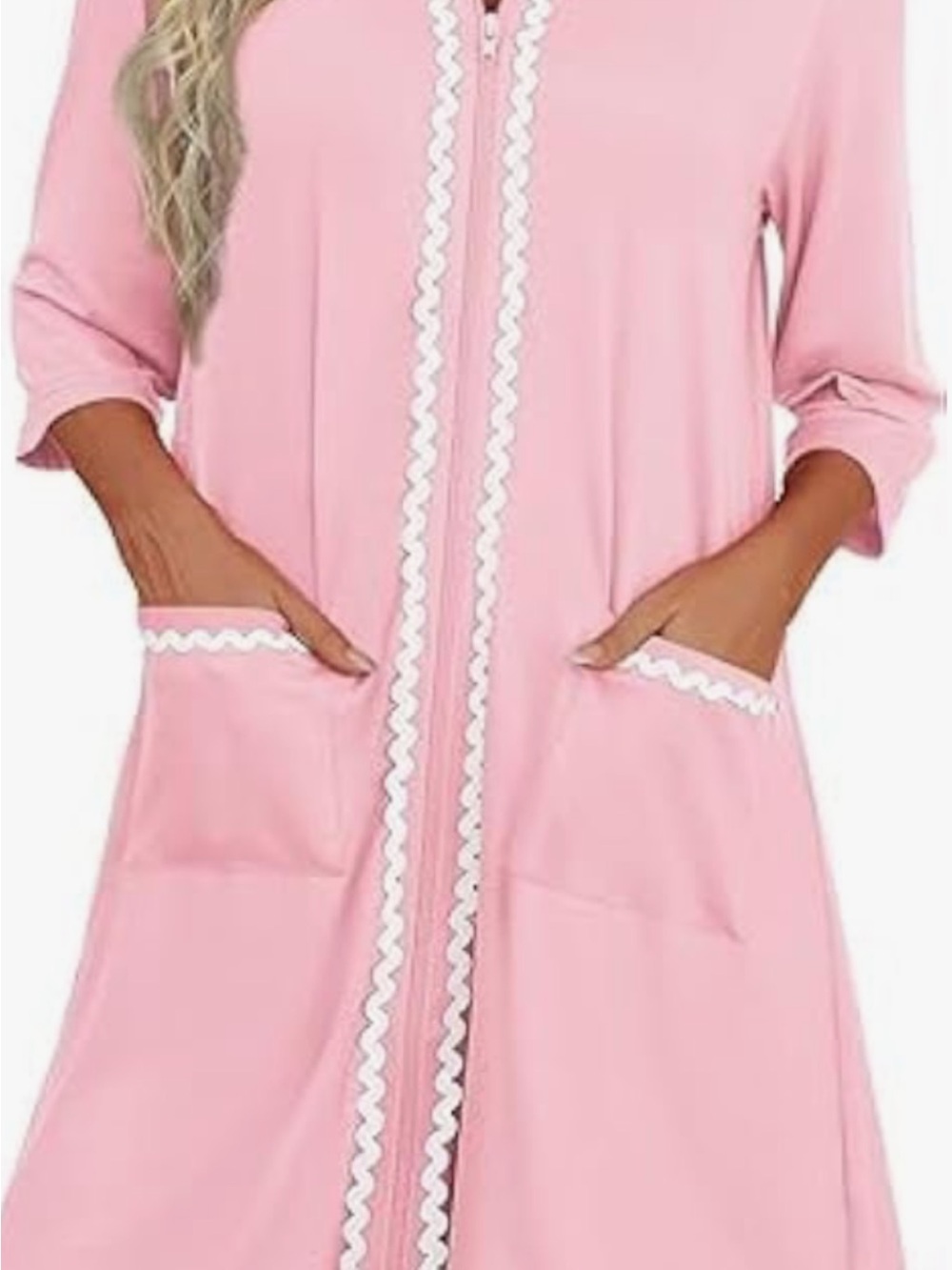 Soft Pink Zip-Front Women's Robe with White Trim